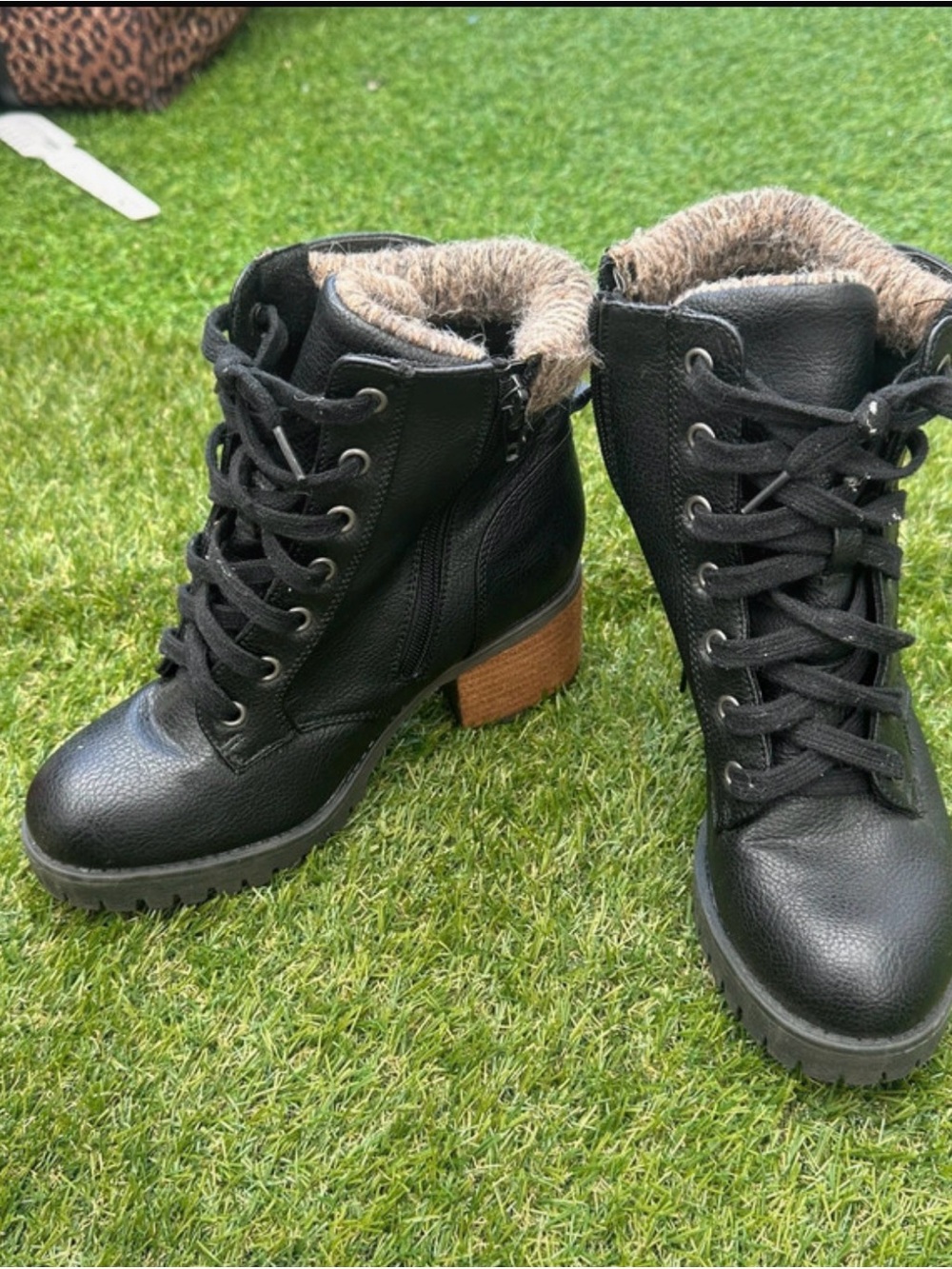 Steve Madden Black Lace-Up Faux Fur Trim Block Heel Boots